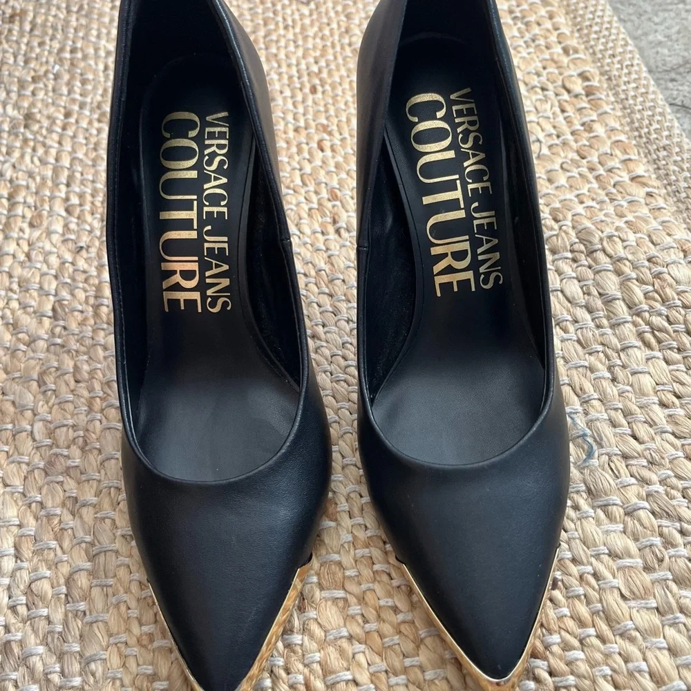 Versace Black Leather Pointed Pumps with Gold Toe Caps - Picture 2 of 11